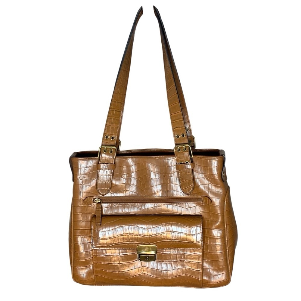 BUENO Faux Leather Light Brown Purse Bag Tote Satchel Handbag Croc Embossed